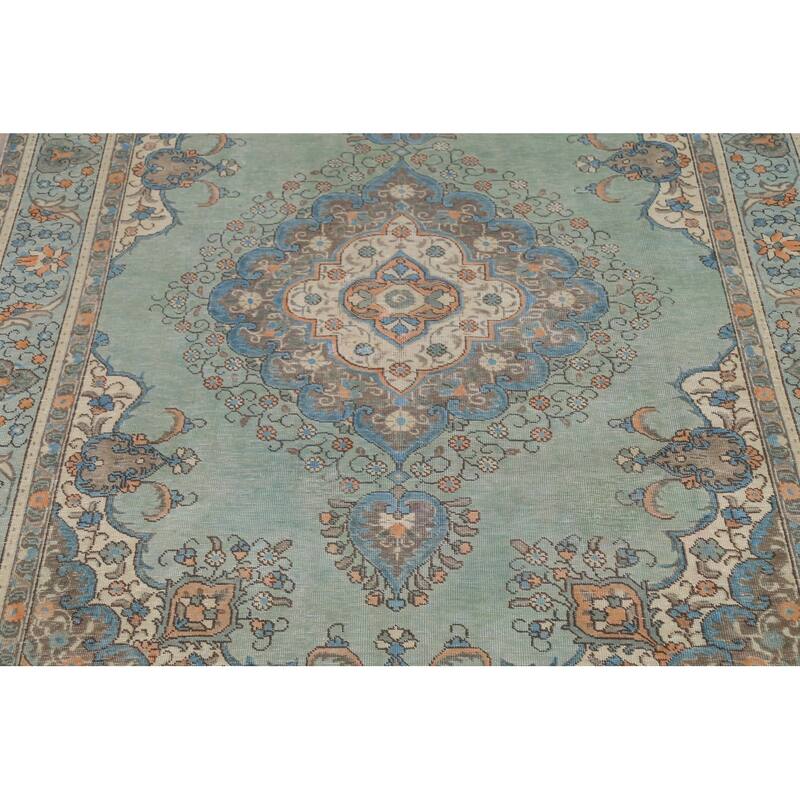 Turquoise Green Tabriz Persian Vintage Area Rug Handmade Wool Carpet - 6'8"x 9'6"