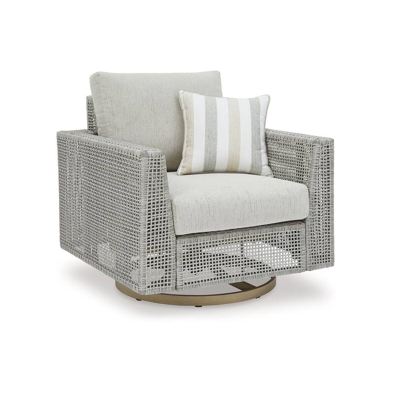 Yami 36 Inch Outdoor Swivel Lounge Chair, 1 Throw Pillow, Gray Wicker