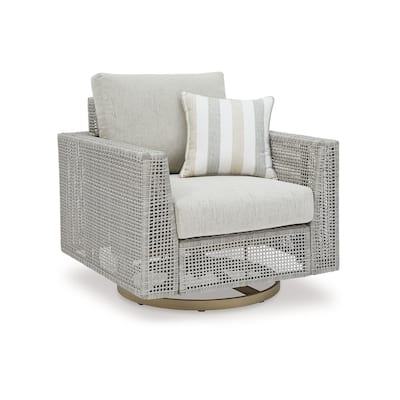 Yami 36 Inch Outdoor Swivel Lounge Chair, 1 Throw Pillow, Gray Wicker