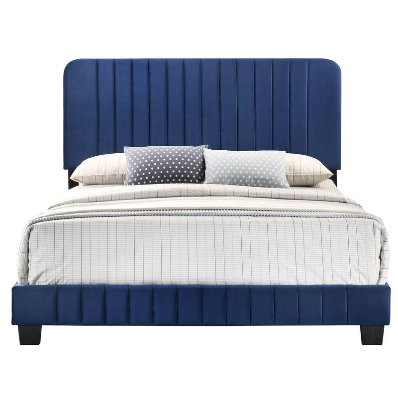 Modern Navy Blue Full Bed with Velvet Upholstery and Wooden Legs