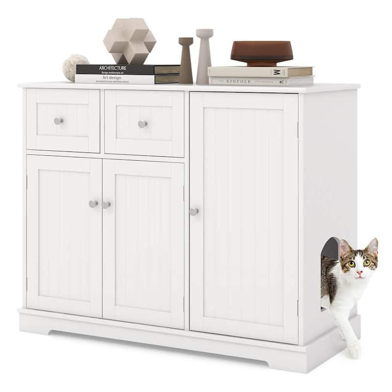 Costway Cat Litter Box Enclosure with 2 Drawers 3 Doors Anti-Toppling - See Details - White - See Details