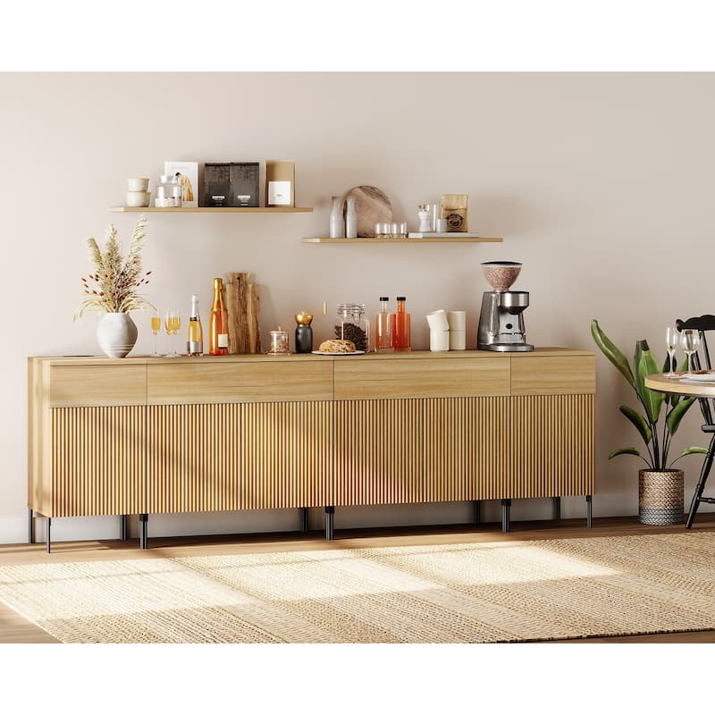 94.5" Wooden Sideboard With Reeded Design, 4-In-1 Modern Credenza With Charging