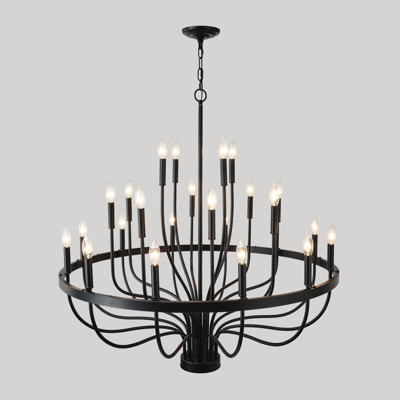 Farmhouse Suspended Pendant Light Fixture 24-Light Black Industrial Iron Candle Chandelier, for Dining Room, Living Room