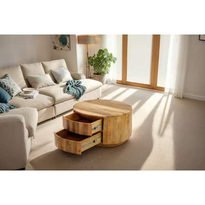 Round Coffee Table with Drawers - 30" - Brown