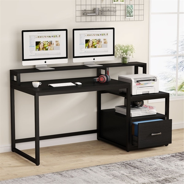 59 Inches Computer Desk with File Drawer and Storage Shelves On