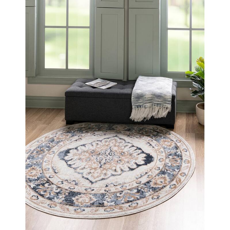 Contemporary Trabzon Collection Area Rug - Ivory-Blue - 3' Round