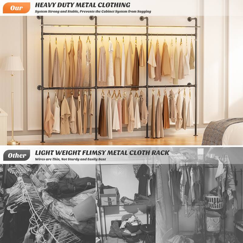 Industrial Pipe Clothing Rack, Reversible 118.3'' Garment Rack with LED Lights& Shelves for Walk-in Closet