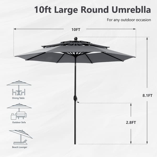 dimension image slide 4 of 5, MAISON ARTS 10ft 3 Tiers Vented Patio Outdoor Umbrella with Auto-tilt and Crank Lift