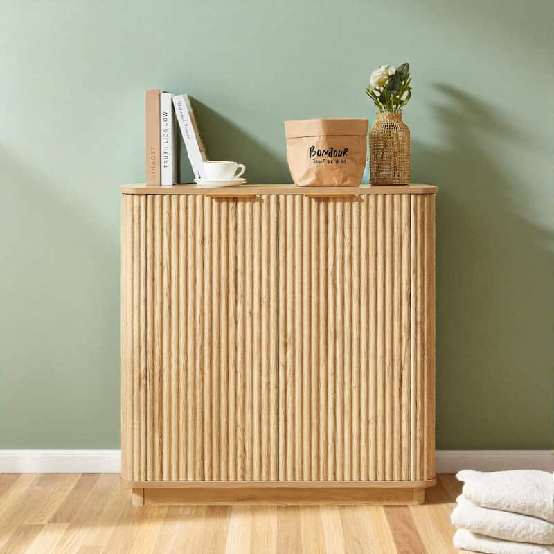 31.5'' Modern Buffet Cabinet Sideboard with Storage, Curved Wave Design Accent Cabinet for Dining Room & Entryway - Oak