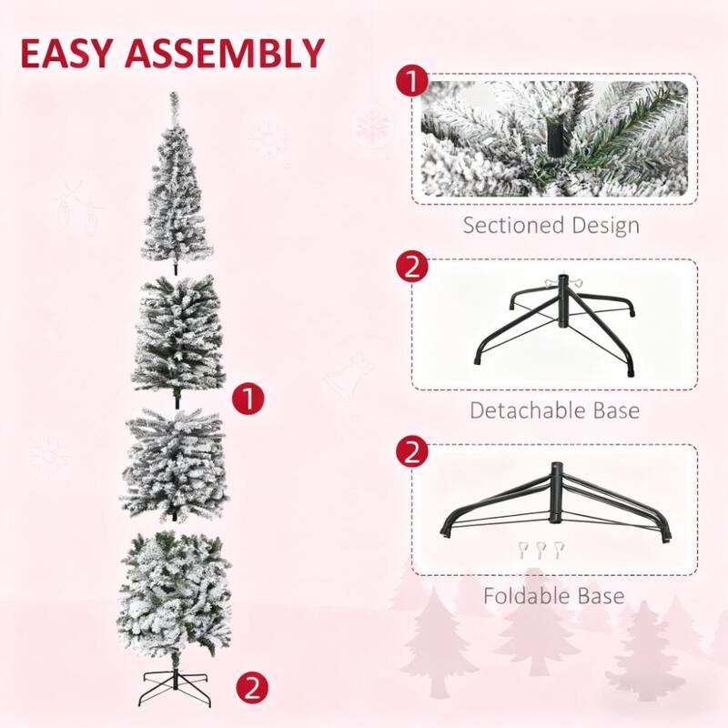 Slim Flocked Artificial Christmas Tree - Faux Snow, Pencil Shape, Indoor Holiday Decor - Green