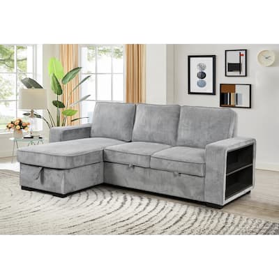 L-Shaped Sectional Convertible Sleeper Sofa Bed with Storage, USB Port & Cup Holder - Light Gray