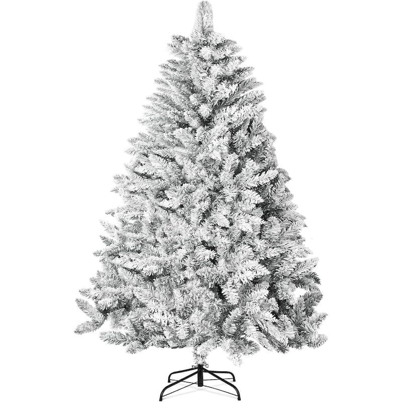 6ft-7ft Artificial Snow Flocked Christmas Tree with Metal Stable Stand Base for Indoor and Outdoor Holiday Decoration