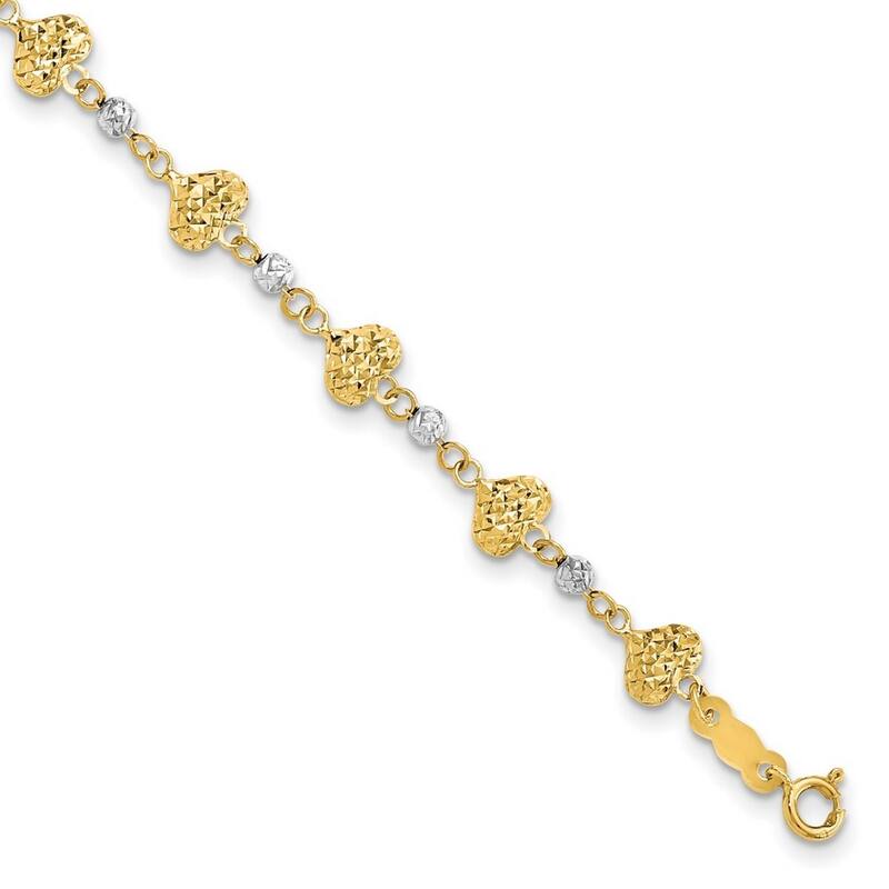 Curata 14k Two Tone Gold Sparkle Cut Love Heart Link Bracelet 7 Inch