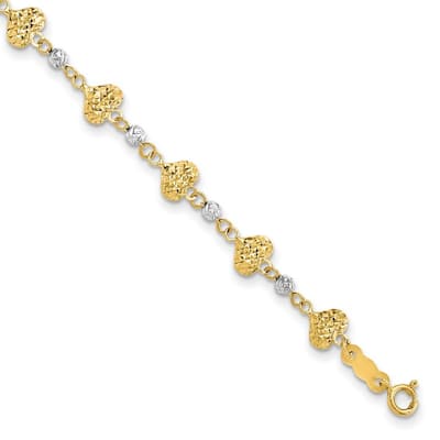 Curata 14k Two Tone Gold Sparkle Cut Love Heart Link Bracelet 7 Inch