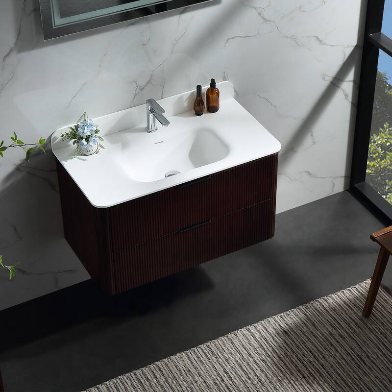 Modland Fluted Floating Vanity with Sink, Plywood Wall Mount Cabinet, Curved Edge, 24/30/36 Inch