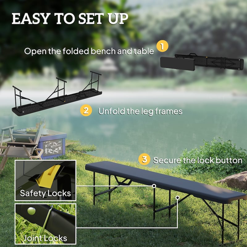 6 Feet Set of 2 Folding Outdoor Camping Picnic Benches with Metal Frame and HDPE Waterproof Top - 71.7" L x 11" W x 16.5" H