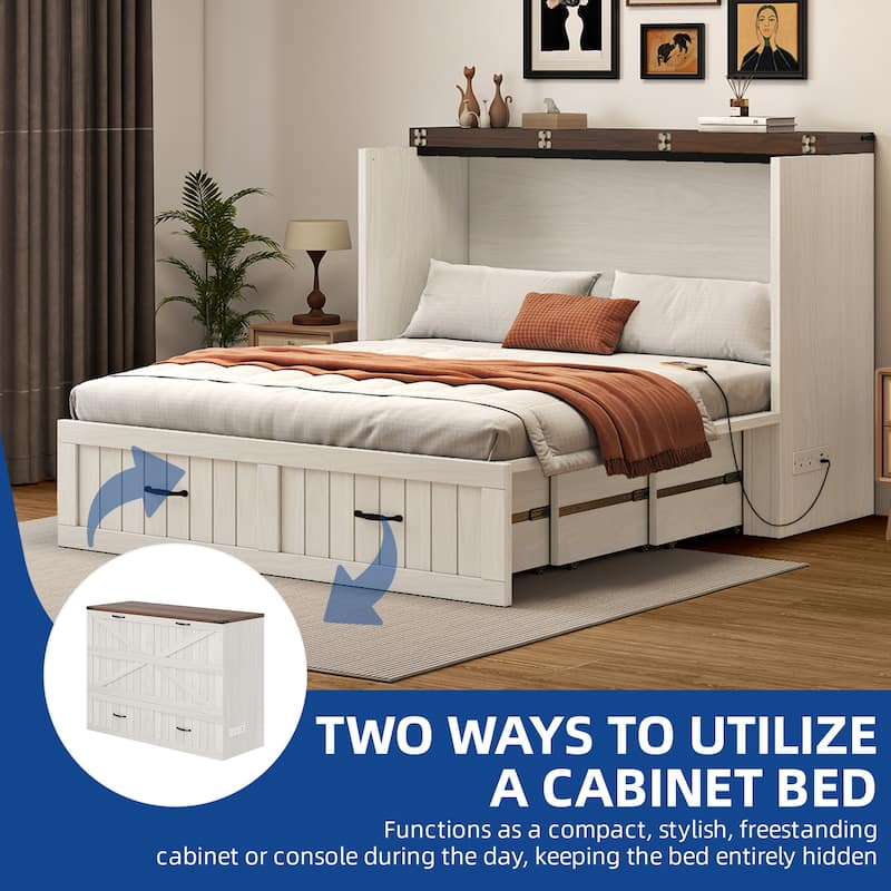 Moasis Farmhouse Full Size Murphy Bed Cabinet with Charging Station, Large Storage Drawer