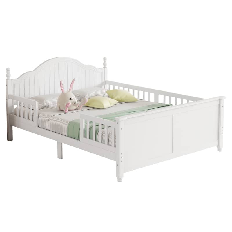 Kids Wooden Platform Bed with Headboard and Footboard, Low Profile Bed Frame with Removable Guardrail Design