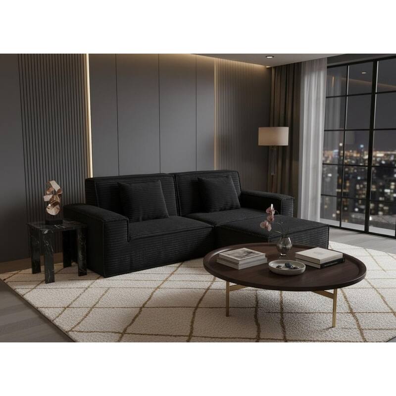 Anmytek Plush Modern Large Striped Fabric Vacuum Compressed Full Sponge High Rebound No-Assembly Sofa with Foot Pedal Black