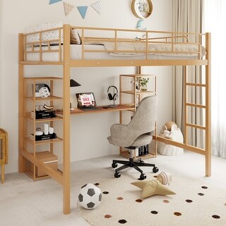 Full Size Metal Loft Bed with Built-in Desk and Shelves,Space-saving Functionality,Full-length Guardrails