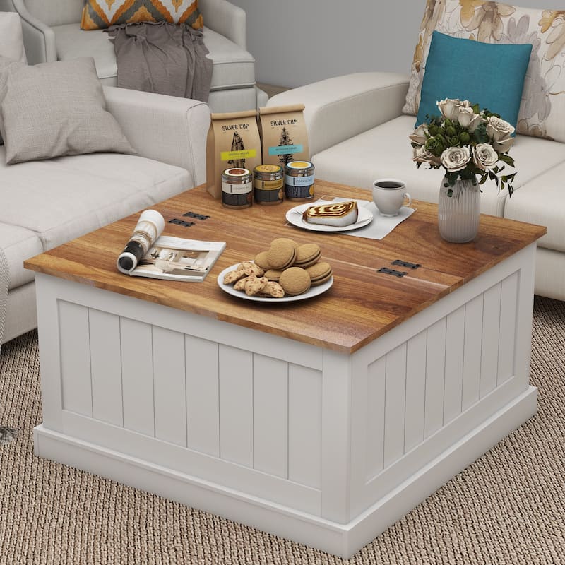 Anmytek Farmhouse Coastal Lift Top Coffee Table Rustic Wood White Storage Organizer - White