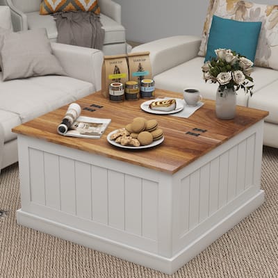 Farmhouse Coffee Table Square Wooden Center Table with Hinged Lift Top Large Hidden Storage Compartment, for Living Room