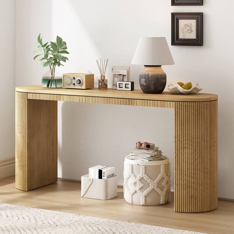 59.2" Modern Console Table with Vertical Striped Legs and Oval Desktop