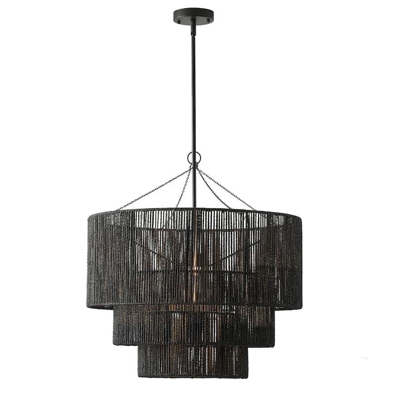 Farmhouse Matte Black Rope Paper Craft Pendant Light Hand-Woven Hanging Lamp