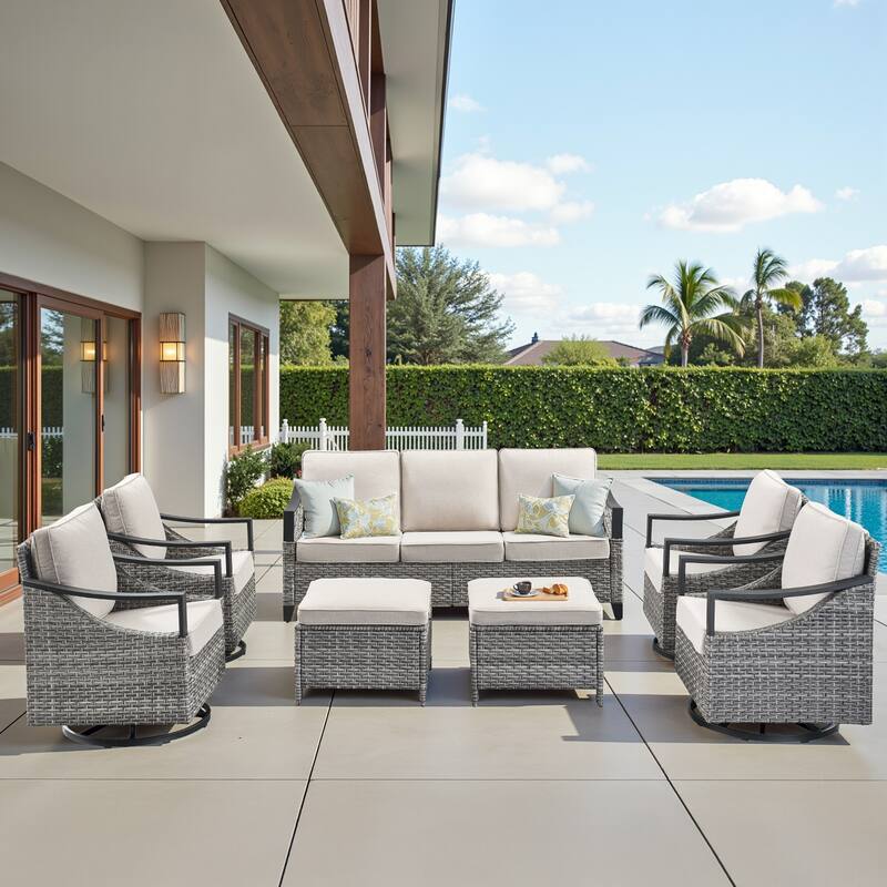 Pocassy 7-Piece Outdoor Patio Sofa Swivel Glider Chairs with Ottoman - Gray Wicker Beige Cushion - 7-Piece Sofa Swivel Chair with Ottoman