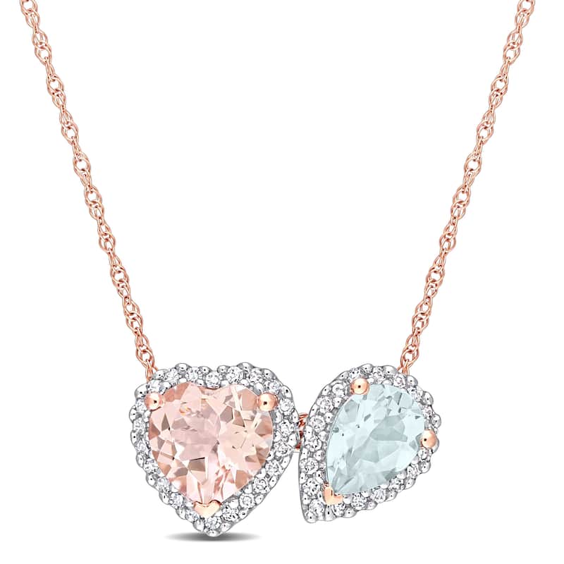 Miadora Morganite Aquamarine 1/5ct TDW Diamond Heart and Teardrop Halo Necklace10k Rose Gold