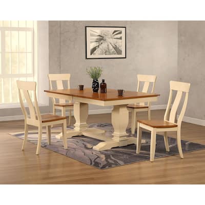 Double Transitional Pedestal In Antique Caramel Biscotti Panel Back 5-Piece Dining Set