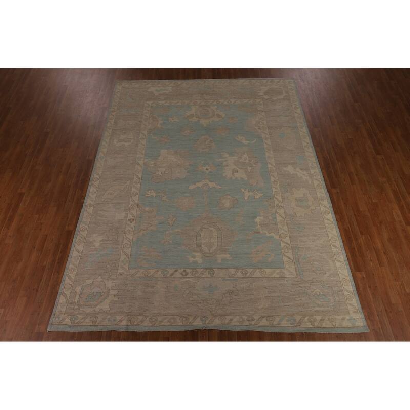Light Blue Oushak Turkish Rug Hand-Knotted Wool Carpet - 9'0"x 11'10"
