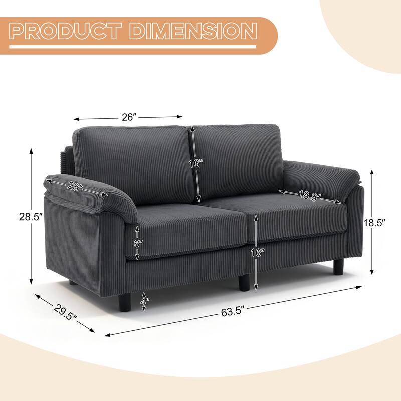 Modern 63.5" Corduroy Upholstered Sofa Couch Loveseat Sofa with Pillow Top Arms
