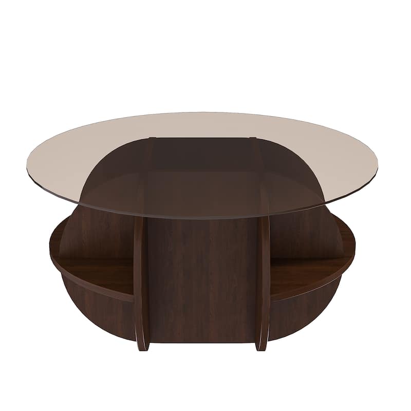 Round Coffee Table with Storage, 31.5 Inch Modern Farmhouse Center Table with Tempered Glass Top and Wooden MDF Frame