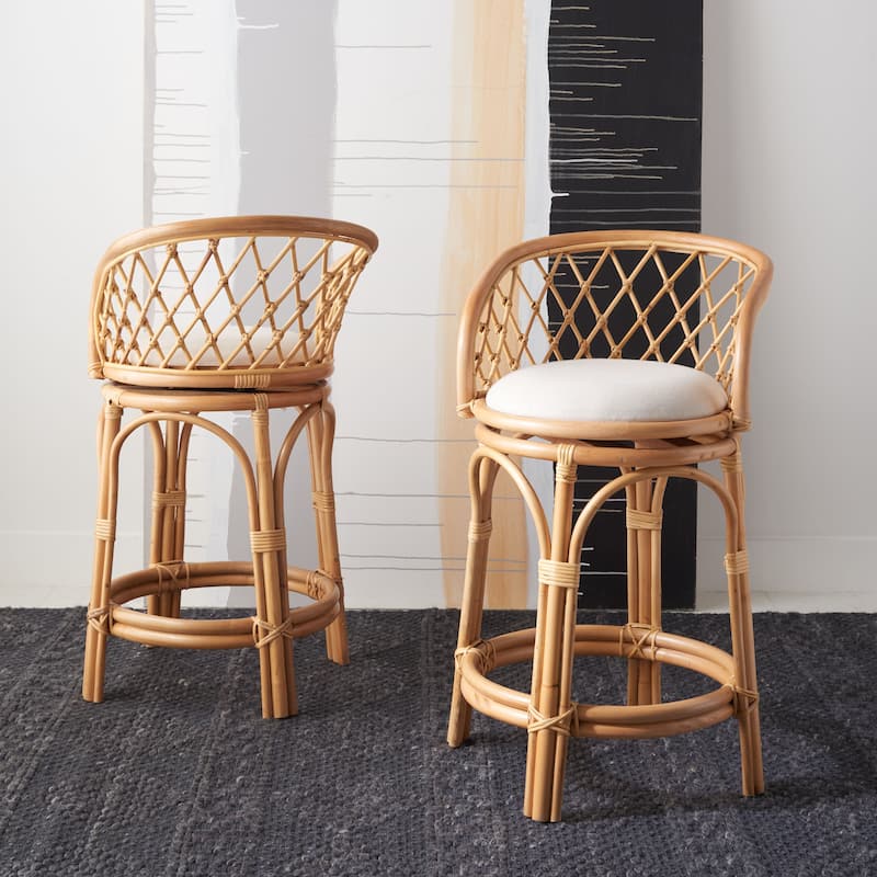 SAFAVIEH Galini 24-inch Rattan Counter Stool with Cushion - 21" W x 21" D x 35" H - Natural/White
