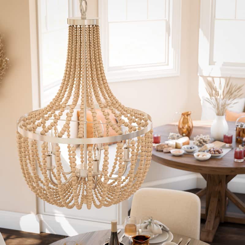 Kenroy Home Dumas 5-Light Wood Bead Chandelier - Weathered White