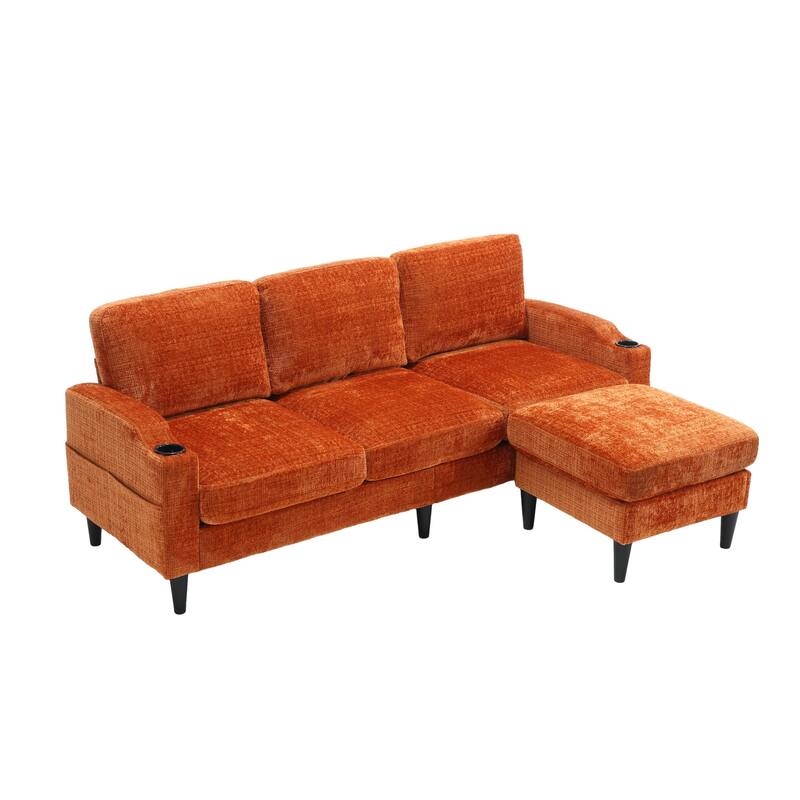 Modular Sectional Sofa with Storage Ottoman, Comfy Chenille Fabric Sofa, 3-Seater Sofa with Side Pockets & 2 Cup Holders