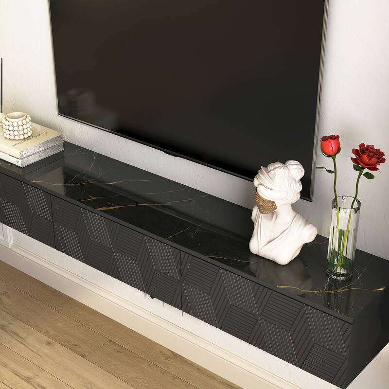 Modern Floating Wall-Mounted TV Cabinet, for 55/60/65 Inch TVs, with 16-Color LED Lighting, for Living Rooms, Black