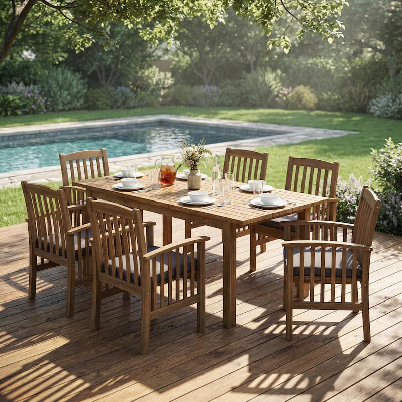 Christopher Knight Home - Solid Acacia Wood Extendable 7-Piece Outdoor Dining Set with Cushioned Chairs - Dark Grey+Teak