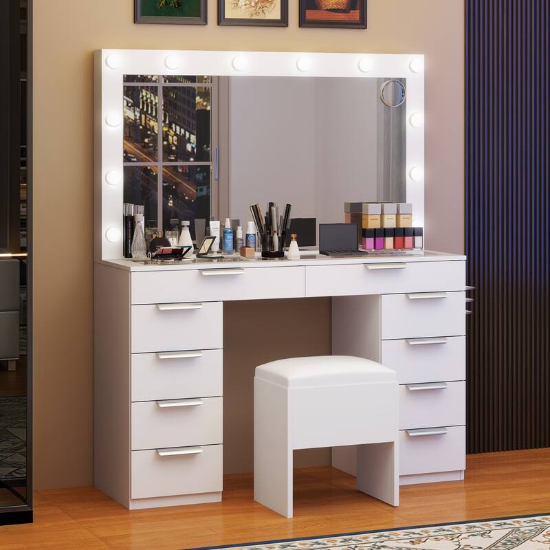 Moasis Mirror and Lights Vanity Desk Makeup Vanity Set with Glass Top and 10-Drawer, Charging Station, Dressing Table