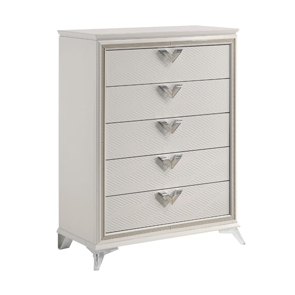 Dery Tall Dresser Chest, 5 Drawer Chrome Triangle Handles, White, Gold