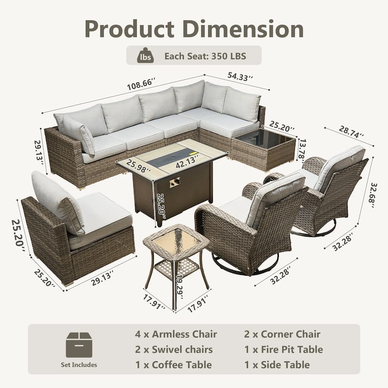 HOOOWOOO 11-piece Wicker Furniture Set Outdoor Sectional Sofa with Fire Pit