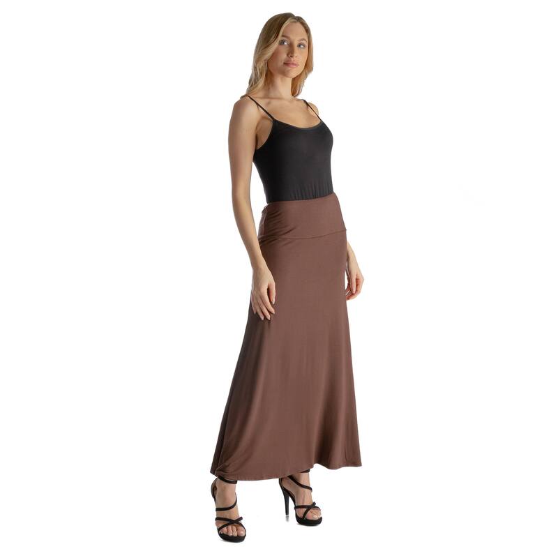 24seven Comfort Apparel Womens Elastic Waist Solid Color Maxi Skirt - Brown - 1X