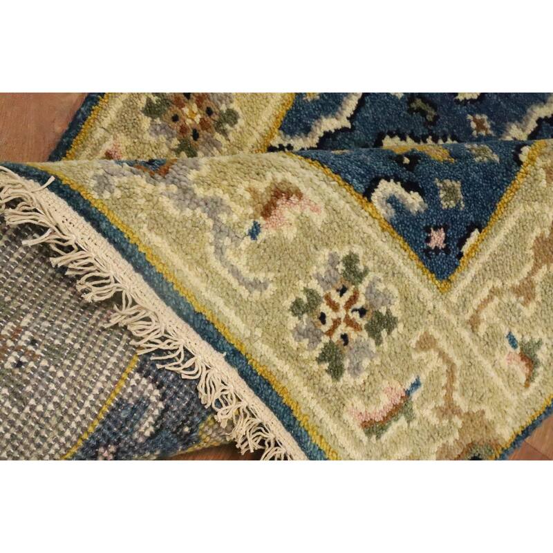 Hand Knotted Oriental 100% Wool Carpet Transitional All-Over Navy Blue & Blues Oushak Runner Rug - 9' 11'' X 2' 5''