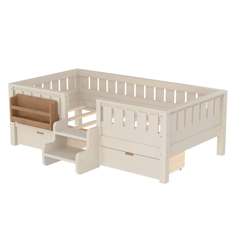 Multiple Colors Toddler Montessori Bed Children's Platform Bed with Low Profile Stairs, Built-in Bookshelf and Storage Drawers