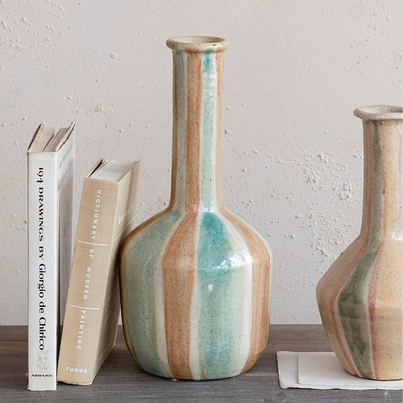 Hand-Painted Terra-cotta Vase with Tall Neck and Crackle Glaze