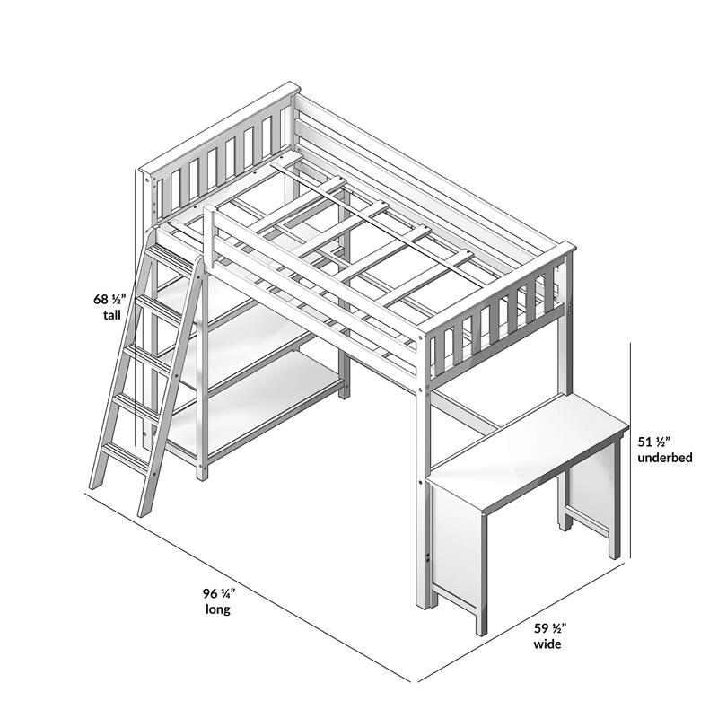 Max and Lily Twin High Loft Bed with Bookcase and Desk