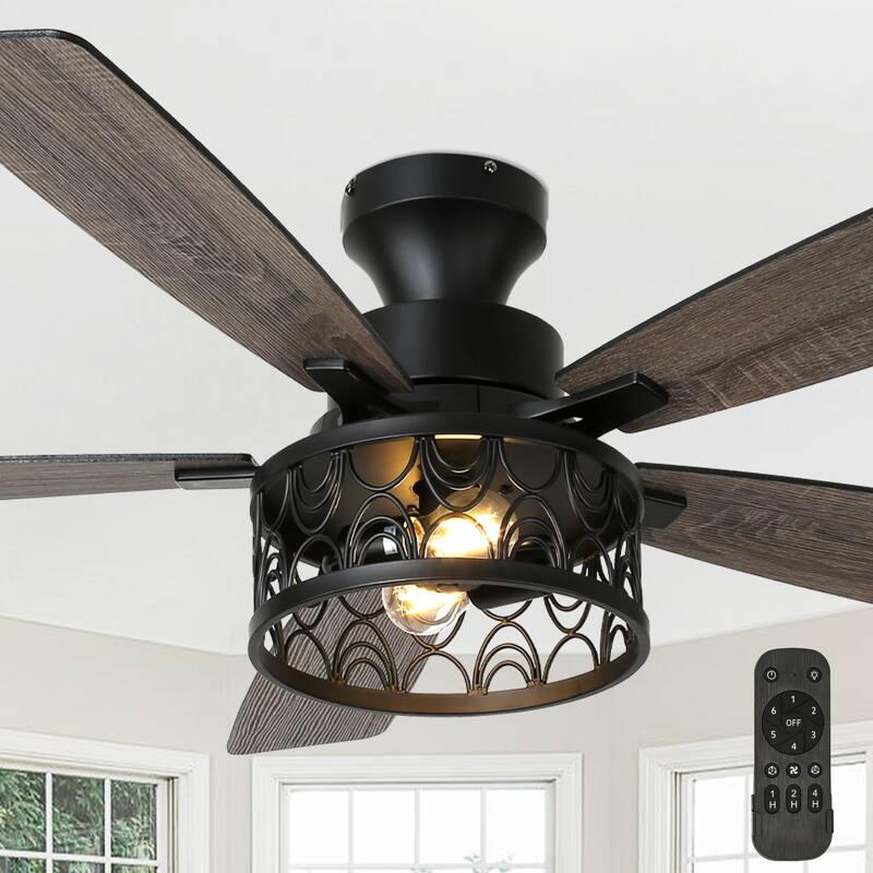Cusp Barn 52-In Farmhouse Flush Mount Ceiling Fan with Lights and Remote Control, Black Caged Low Profile Chandelier Ceiling Fan