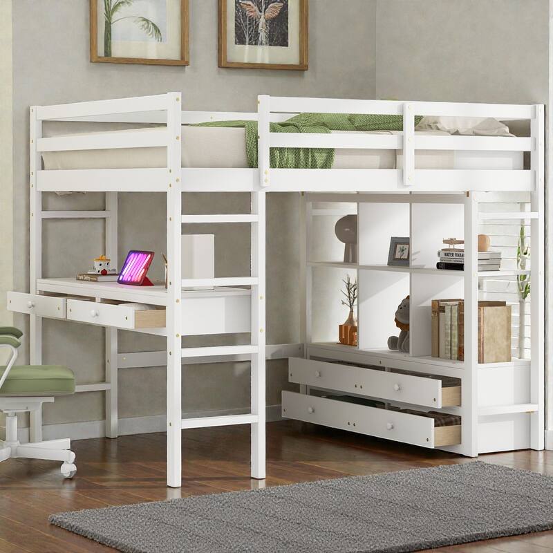 Full Size Loft Bed with Built-in Desk, Storage Drawers, Shelves and Cabinets, Space-Saving Workstation Bed Frame