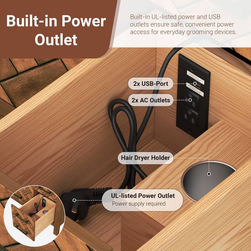 48" Freestanding Bathroom Vanity with Engineered Stone Top, Ceramic Sink, Built-In Power Outlet, and Hair Dryer Storage